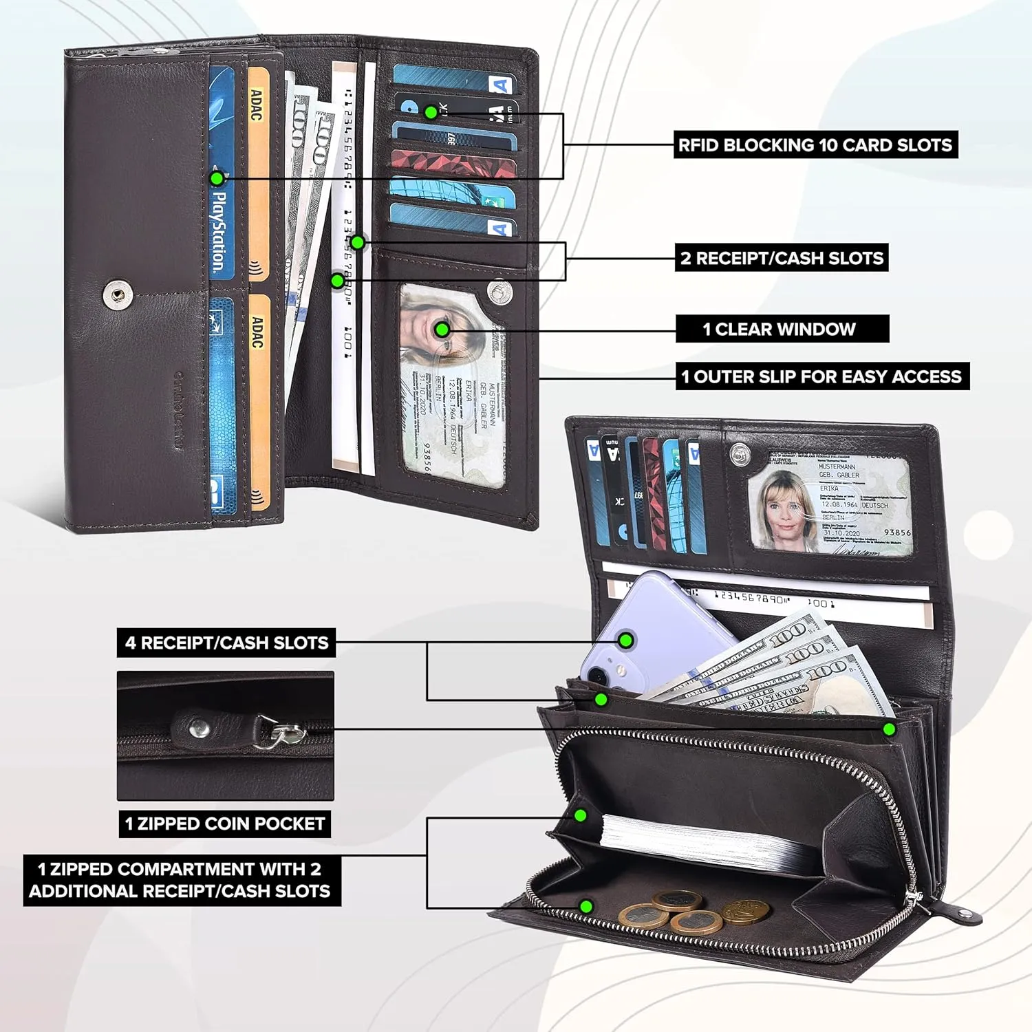 Ozora RFID Block Handmade Bifold Leather Wallet with Multi Card Holders, Travel Purse for Women