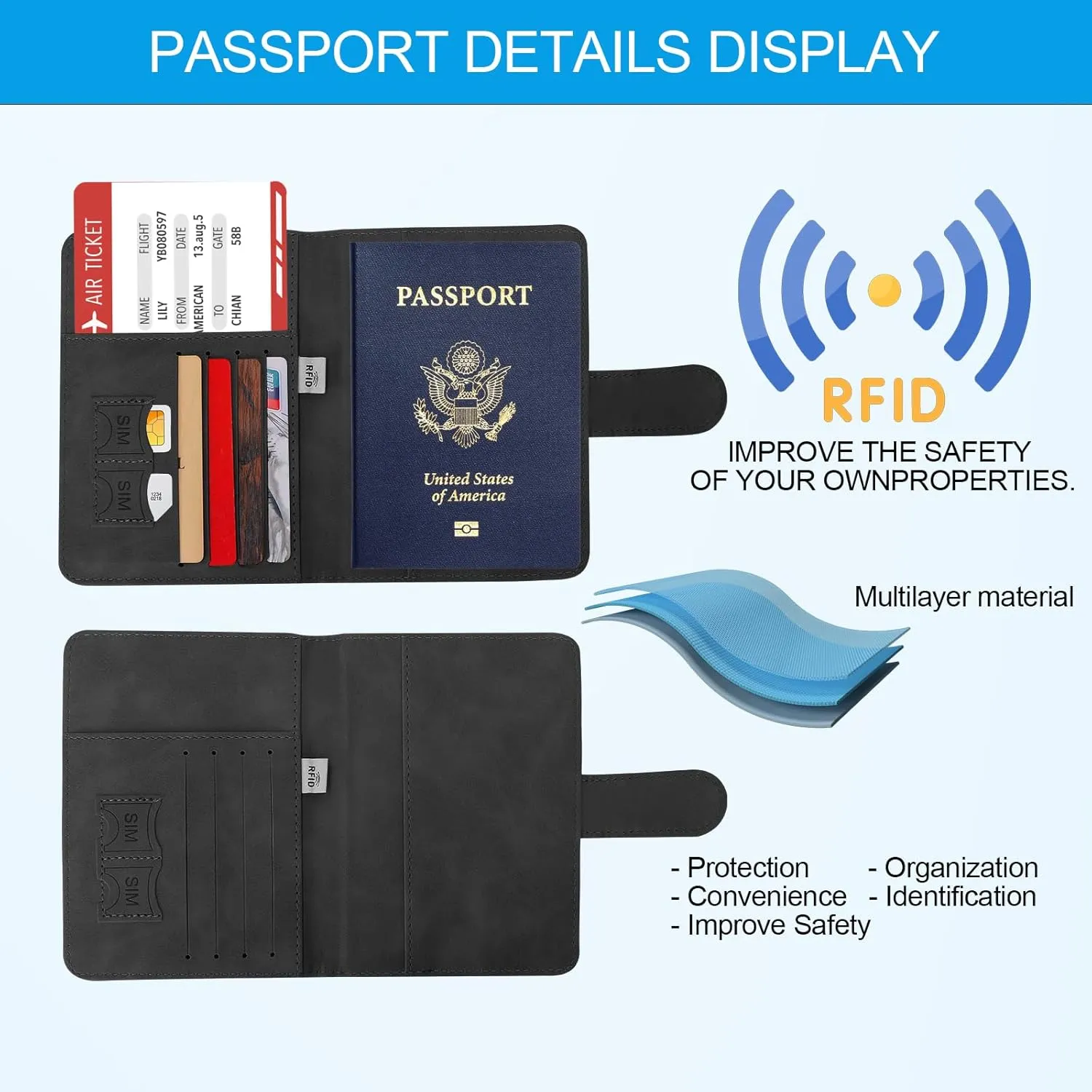 Passport Holders, RFID Blocking Credit Card Holder, PU Leather Vaccine Card Holders for Travel with Magnetic Buckle, Travel Must Haves Cruise Ship Essentials for Men, Women (Black)