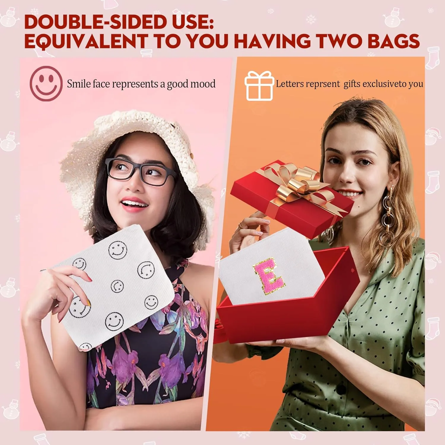 Personalized Gift for Women Girls,A-Z Initial Corduroy Makeup Bag,Preppy Cosmetic Bag,Cute Smile Face Make Up Pouch with Zipper,Valentines Day Birthday Gifts for Friend Teenage Daughter(E)