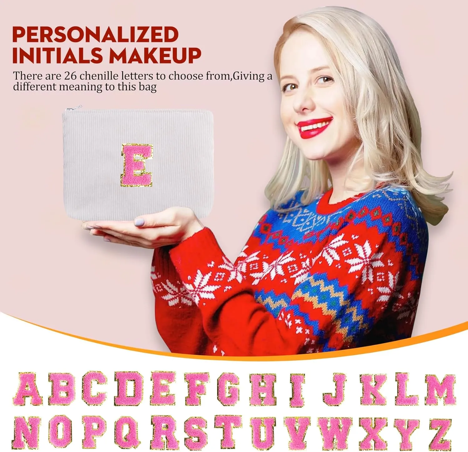 Personalized Gift for Women Girls,A-Z Initial Corduroy Makeup Bag,Preppy Cosmetic Bag,Cute Smile Face Make Up Pouch with Zipper,Valentines Day Birthday Gifts for Friend Teenage Daughter(E)