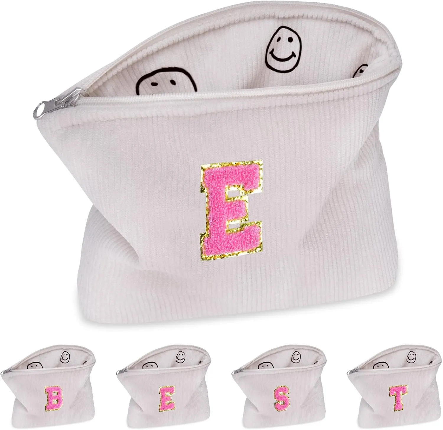 Personalized Gift for Women Girls,A-Z Initial Corduroy Makeup Bag,Preppy Cosmetic Bag,Cute Smile Face Make Up Pouch with Zipper,Valentines Day Birthday Gifts for Friend Teenage Daughter(E)