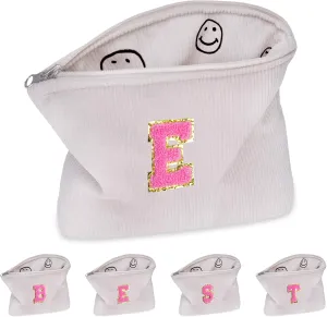 Personalized Gift for Women Girls,A-Z Initial Corduroy Makeup Bag,Preppy Cosmetic Bag,Cute Smile Face Make Up Pouch with Zipper,Valentines Day Birthday Gifts for Friend Teenage Daughter(E)