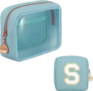 Personalized Initial Clear Bags Set, Clear Cosmetic Bags,Make Up Pouches, Clear Pouch for Organization, Clear Toiletry Travel Bag,Gifts for Women (S, Blue (1 Mini))