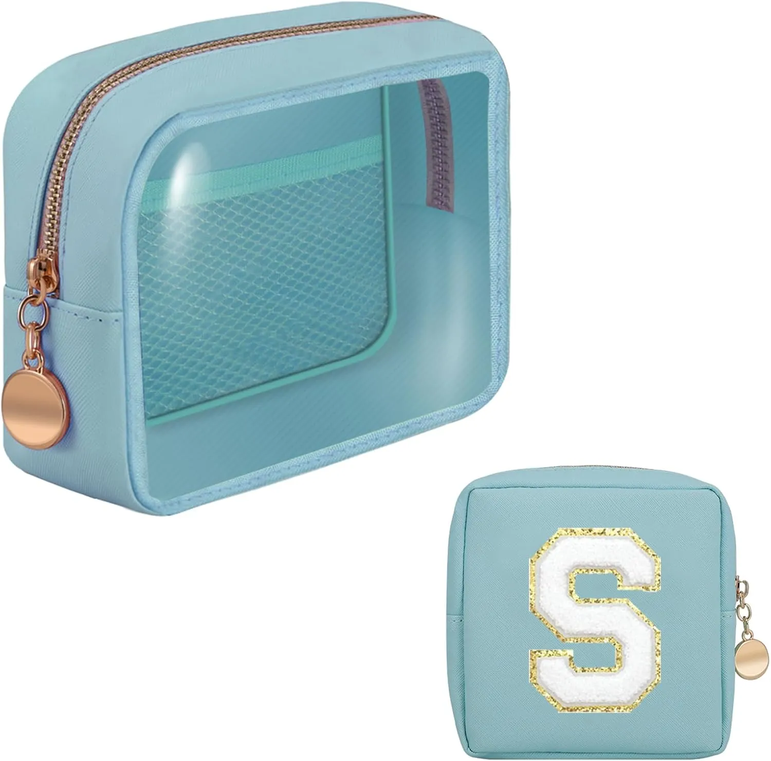 Personalized Initial Clear Bags Set, Clear Cosmetic Bags,Make Up Pouches, Clear Pouch for Organization, Clear Toiletry Travel Bag,Gifts for Women (S, Blue (1 Mini))