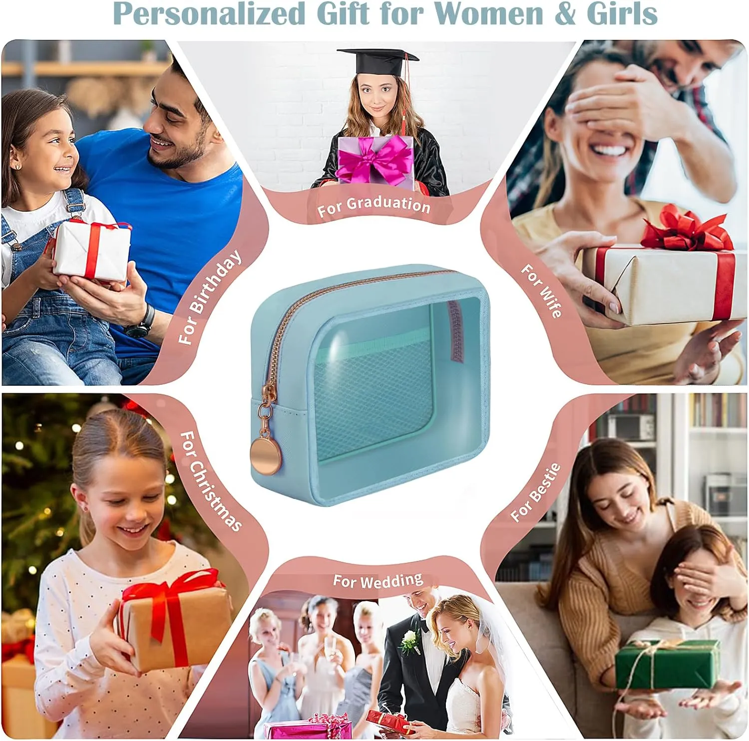Personalized Initial Clear Bags Set, Clear Cosmetic Bags,Make Up Pouches, Clear Pouch for Organization, Clear Toiletry Travel Bag,Gifts for Women (S, Blue (1 Mini))