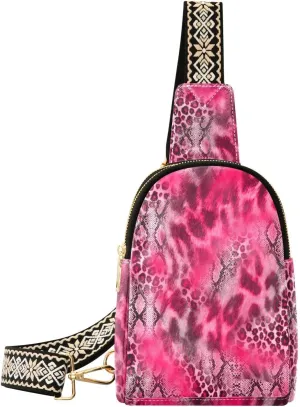 Pink Leopard Fanny Pack Crossbody PC Leather Small Sling Bag for Women Fashion Waist Packs Chest Bag for Travel Sports Running Hiking