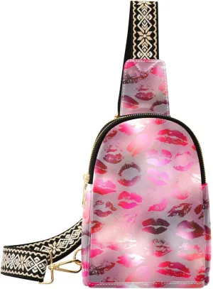 Pink Lipstick Fanny Pack Crossbody PC Leather Small Sling Bag for Women Kiss Red Blur Fashion Waist Packs Chest Bag for Travel Sports Running Hiking