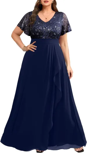 Pinup Fashion Women Plus Size Formal Dresses - Sequin Evening Gowns Wedding Guest Prom Long Dress