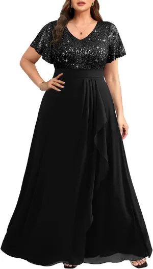 Pinup Fashion Women Plus Size Formal Dresses - Sequin Evening Gowns Wedding Guest Prom Long Dress