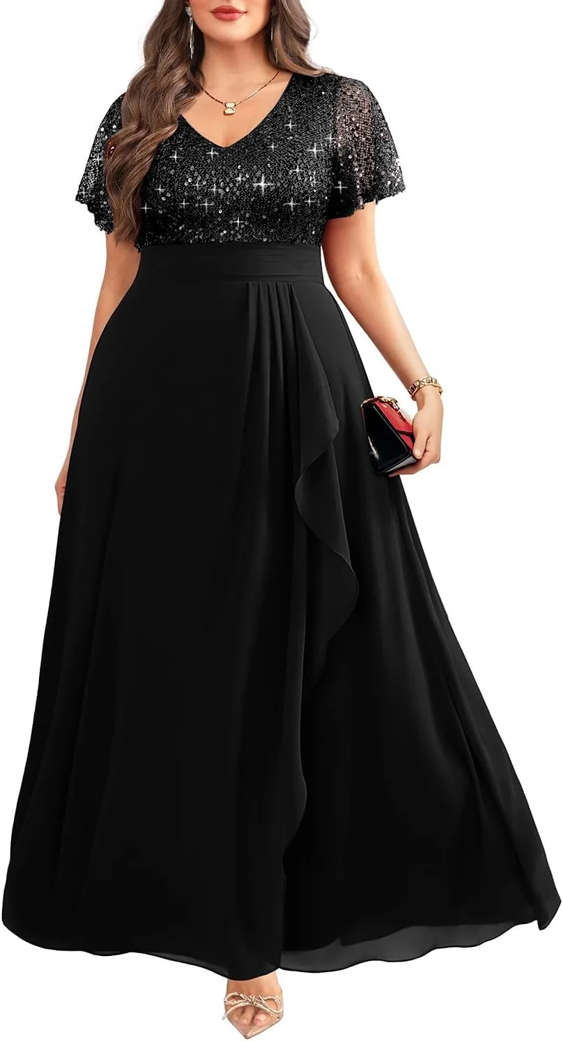 Pinup Fashion Women Plus Size Formal Dresses - Sequin Evening Gowns Wedding Guest Prom Long Dress