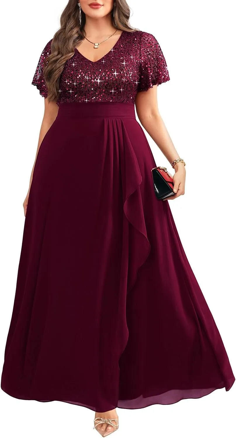 Pinup Fashion Women Plus Size Formal Dresses - Sequin Evening Gowns Wedding Guest Prom Long Dress