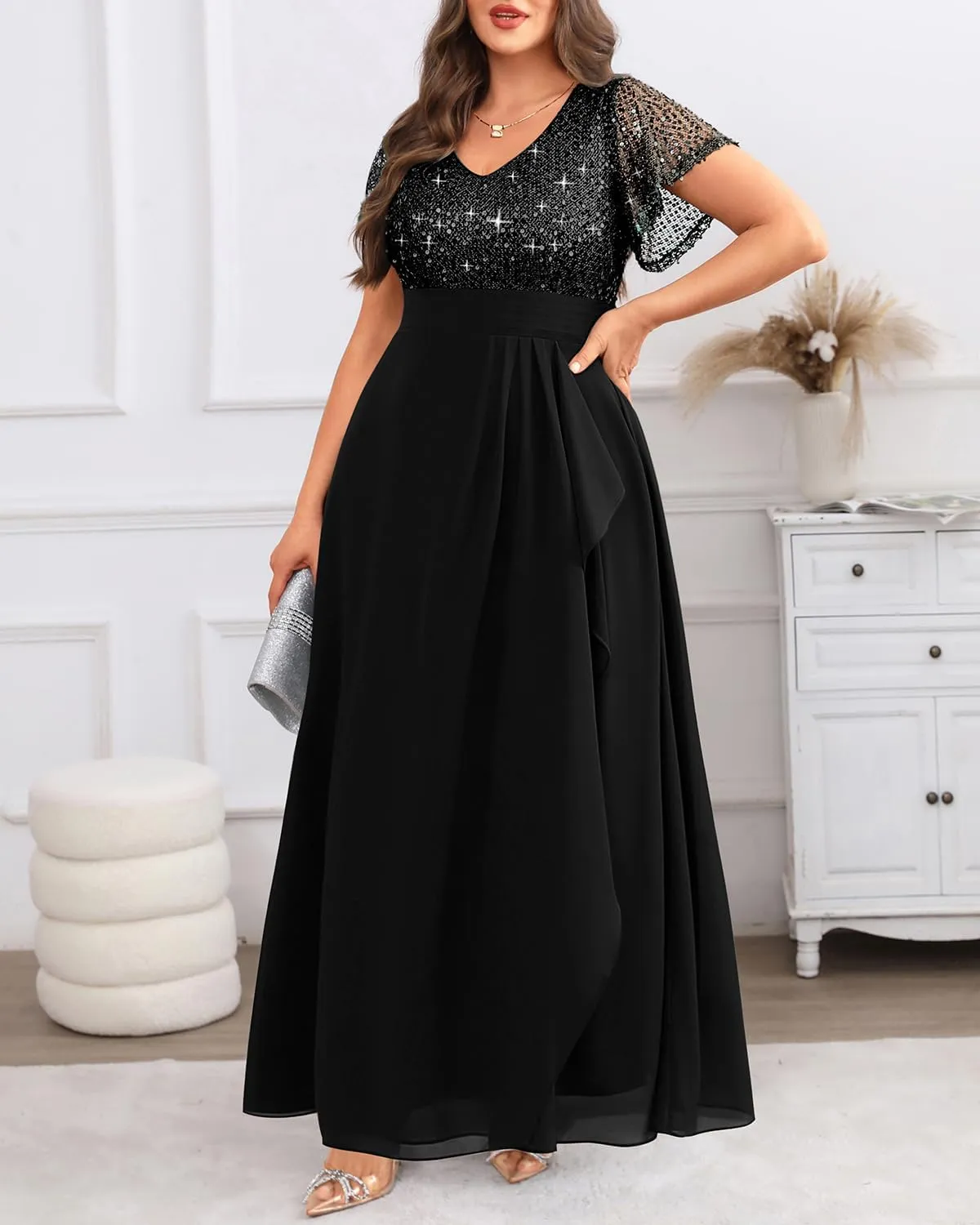 Pinup Fashion Women Plus Size Formal Dresses - Sequin Evening Gowns Wedding Guest Prom Long Dress