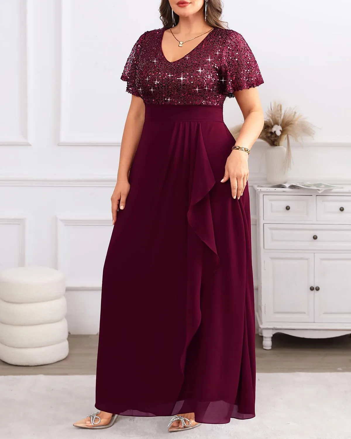 Pinup Fashion Women Plus Size Formal Dresses - Sequin Evening Gowns Wedding Guest Prom Long Dress