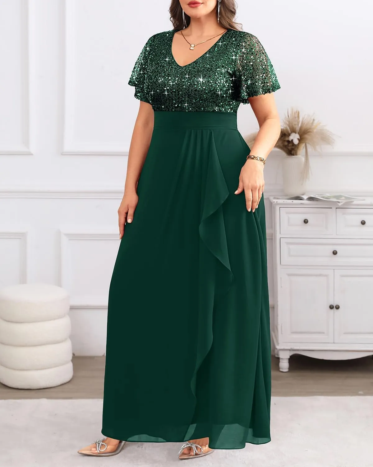 Pinup Fashion Women Plus Size Formal Dresses - Sequin Evening Gowns Wedding Guest Prom Long Dress