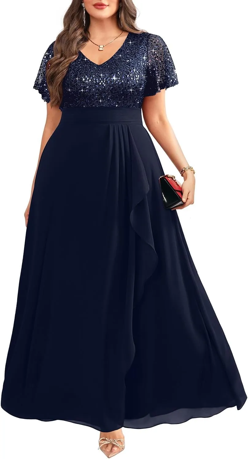 Pinup Fashion Women Plus Size Formal Dresses - Sequin Evening Gowns Wedding Guest Prom Long Dress
