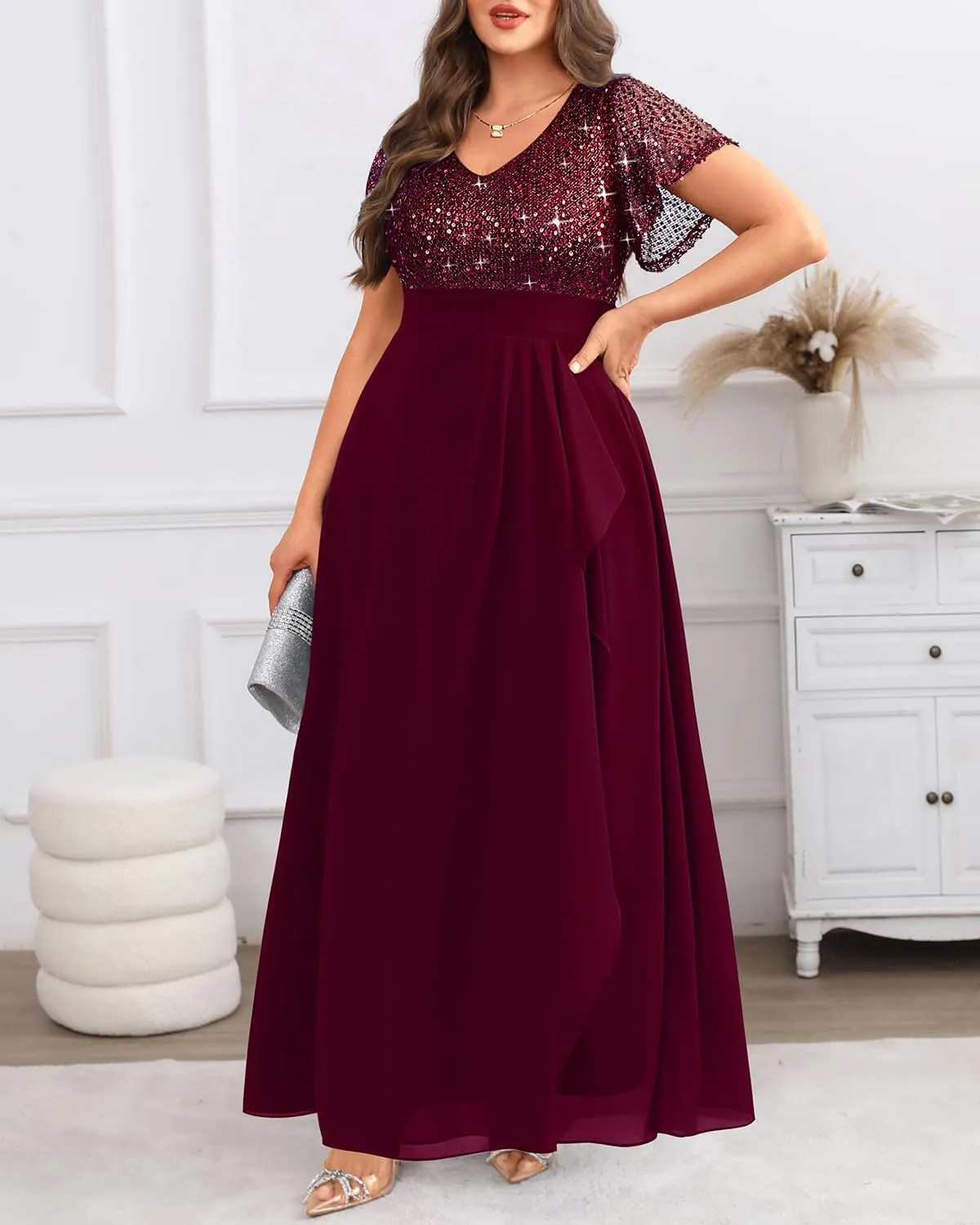 Pinup Fashion Women Plus Size Formal Dresses - Sequin Evening Gowns Wedding Guest Prom Long Dress