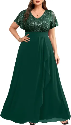 Pinup Fashion Women Plus Size Formal Dresses - Sequin Evening Gowns Wedding Guest Prom Long Dress
