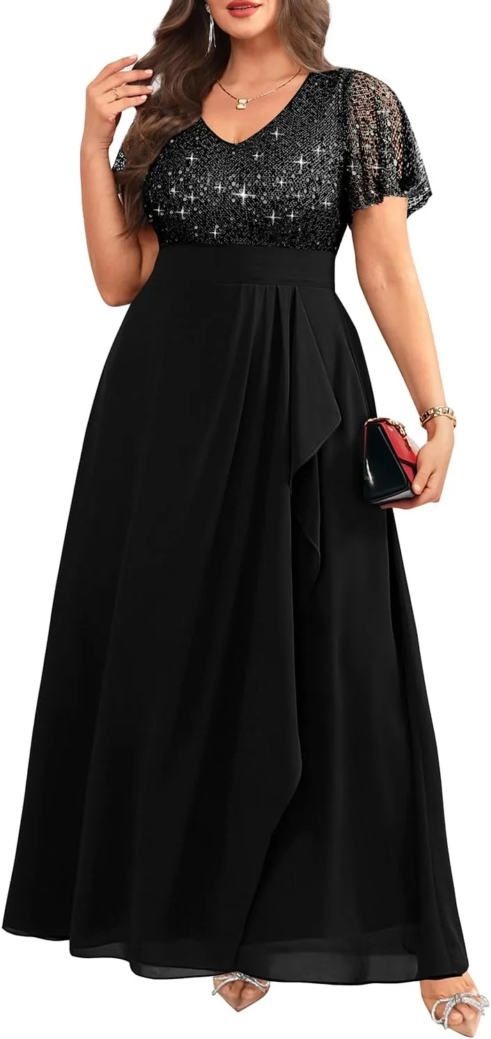 Pinup Fashion Women Plus Size Formal Dresses - Sequin Evening Gowns Wedding Guest Prom Long Dress