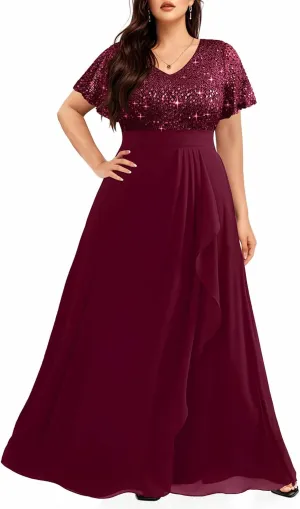 Pinup Fashion Women Plus Size Formal Dresses - Sequin Evening Gowns Wedding Guest Prom Long Dress