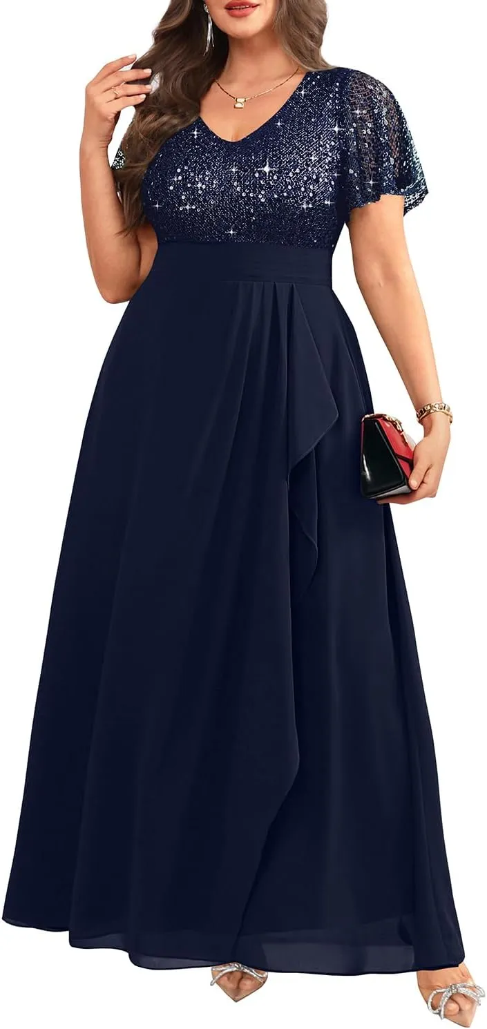 Pinup Fashion Women Plus Size Formal Dresses - Sequin Evening Gowns Wedding Guest Prom Long Dress