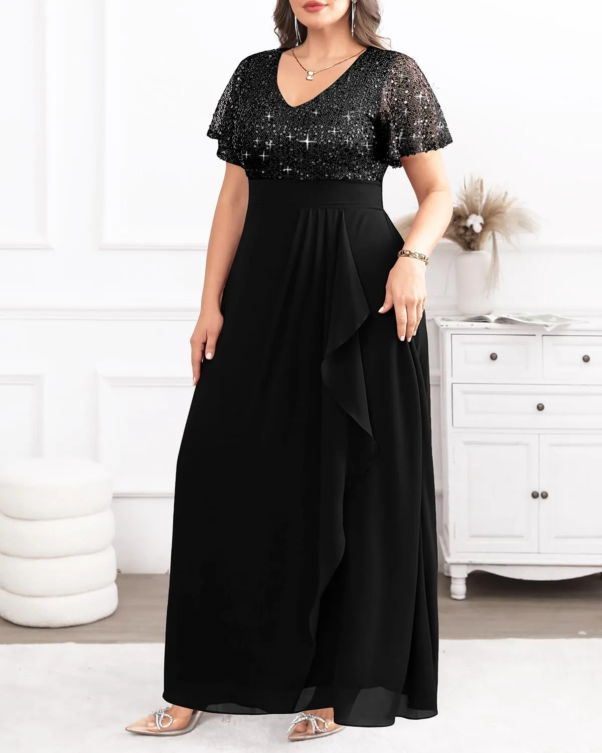 Pinup Fashion Women Plus Size Formal Dresses - Sequin Evening Gowns Wedding Guest Prom Long Dress