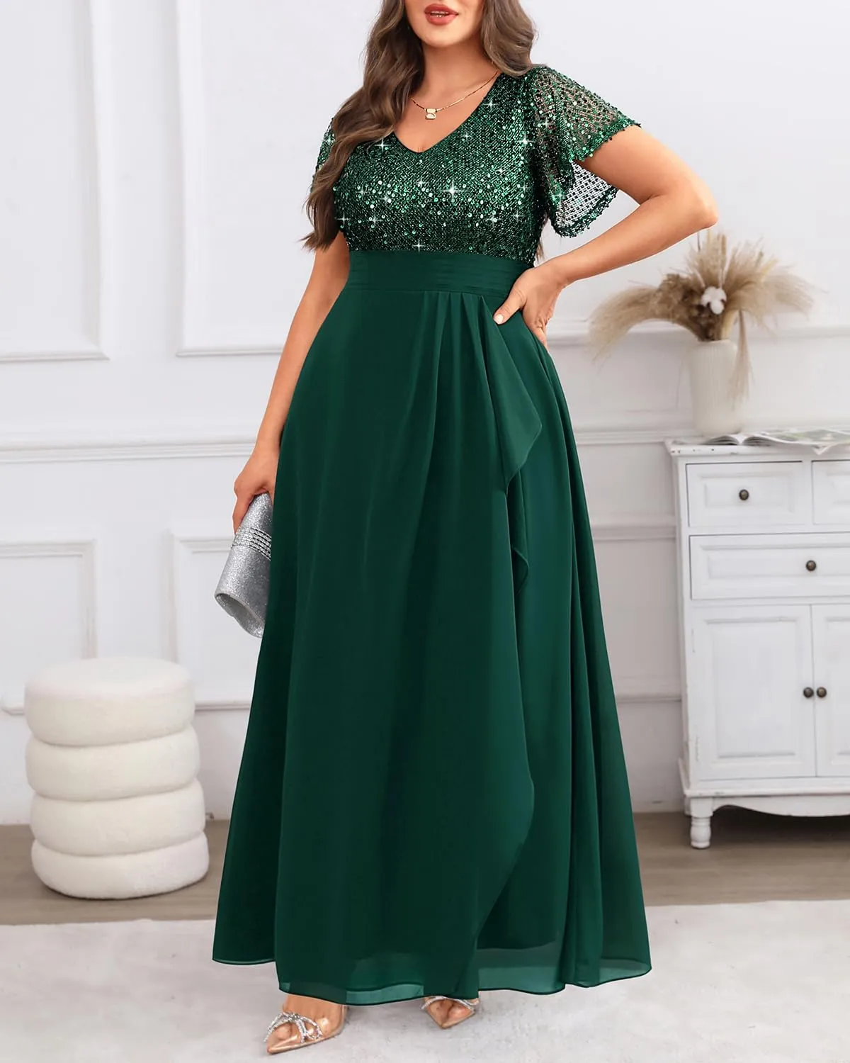 Pinup Fashion Women Plus Size Formal Dresses - Sequin Evening Gowns Wedding Guest Prom Long Dress