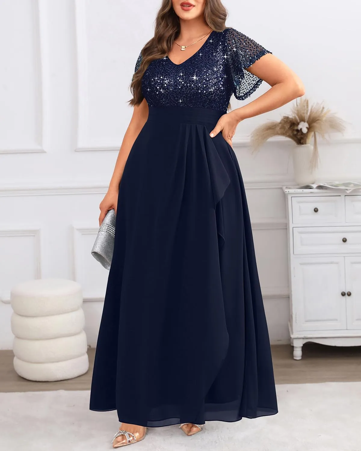 Pinup Fashion Women Plus Size Formal Dresses - Sequin Evening Gowns Wedding Guest Prom Long Dress
