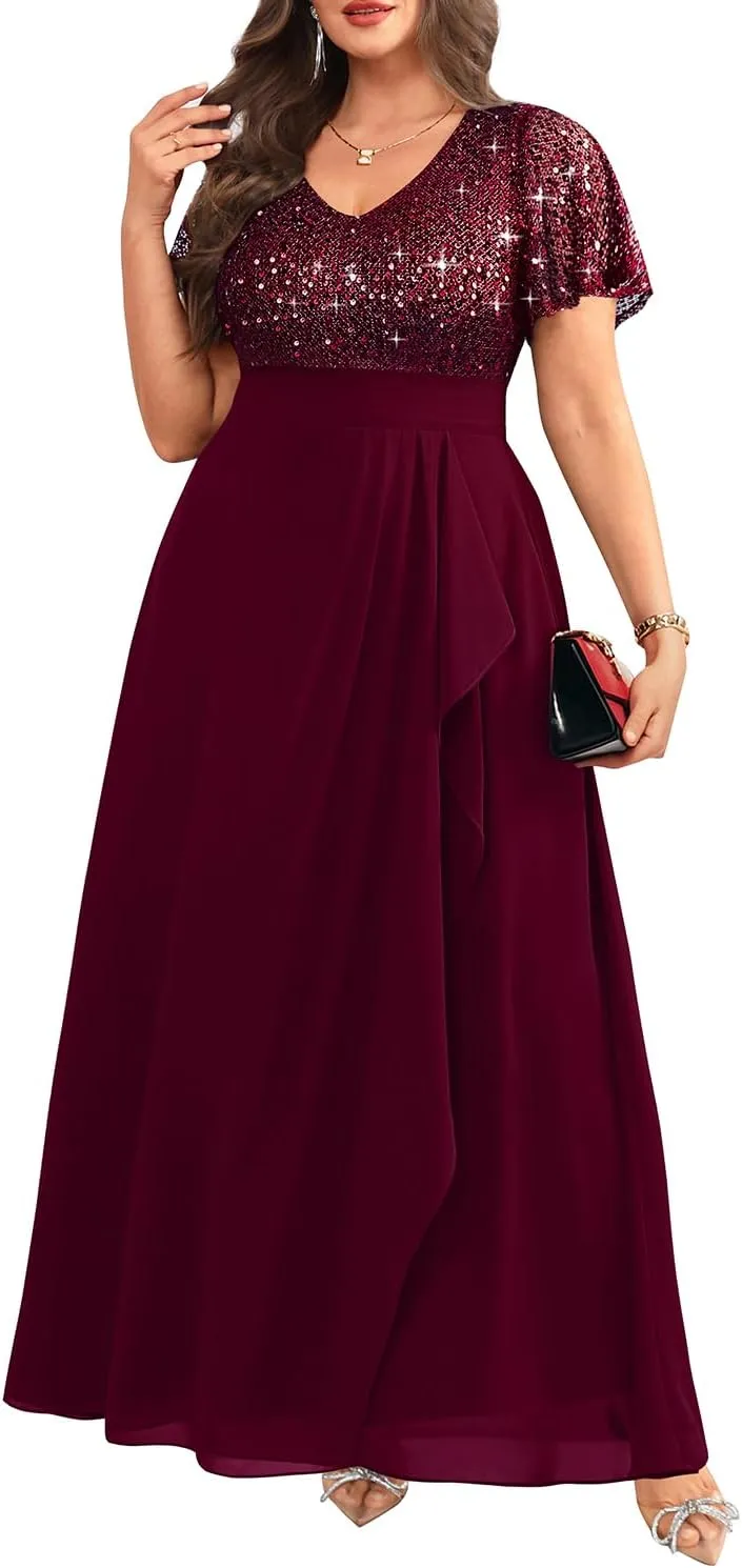Pinup Fashion Women Plus Size Formal Dresses - Sequin Evening Gowns Wedding Guest Prom Long Dress