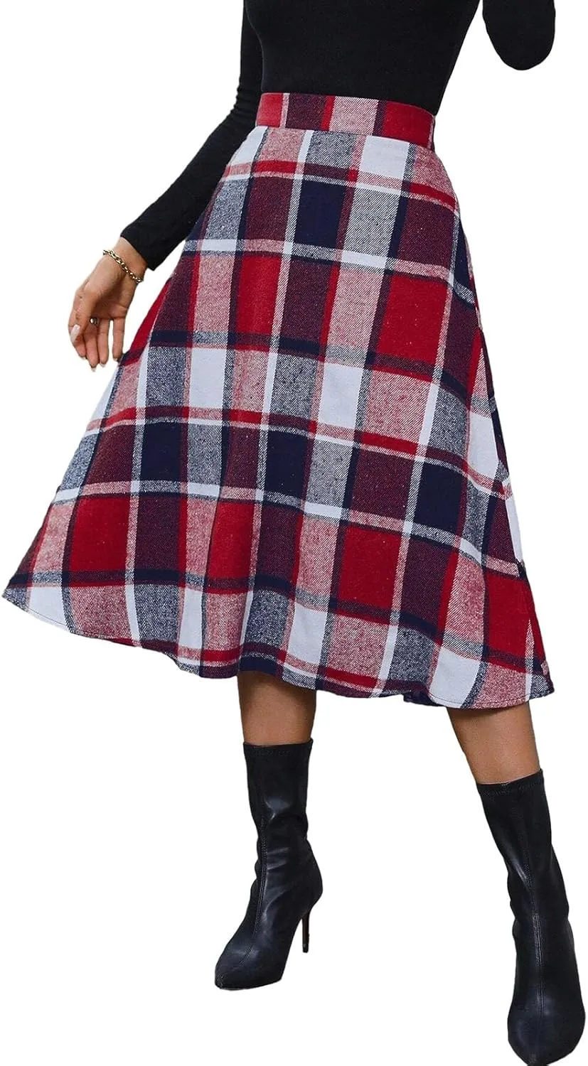 Plaid Skirts for Women High Waist Wool Skirts A-Line Tartan Midi Skirts