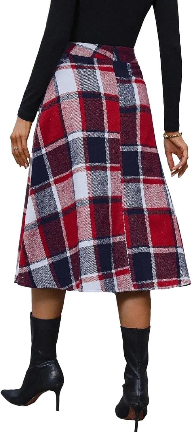Plaid Skirts for Women High Waist Wool Skirts A-Line Tartan Midi Skirts