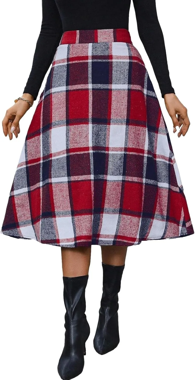 Plaid Skirts for Women High Waist Wool Skirts A-Line Tartan Midi Skirts