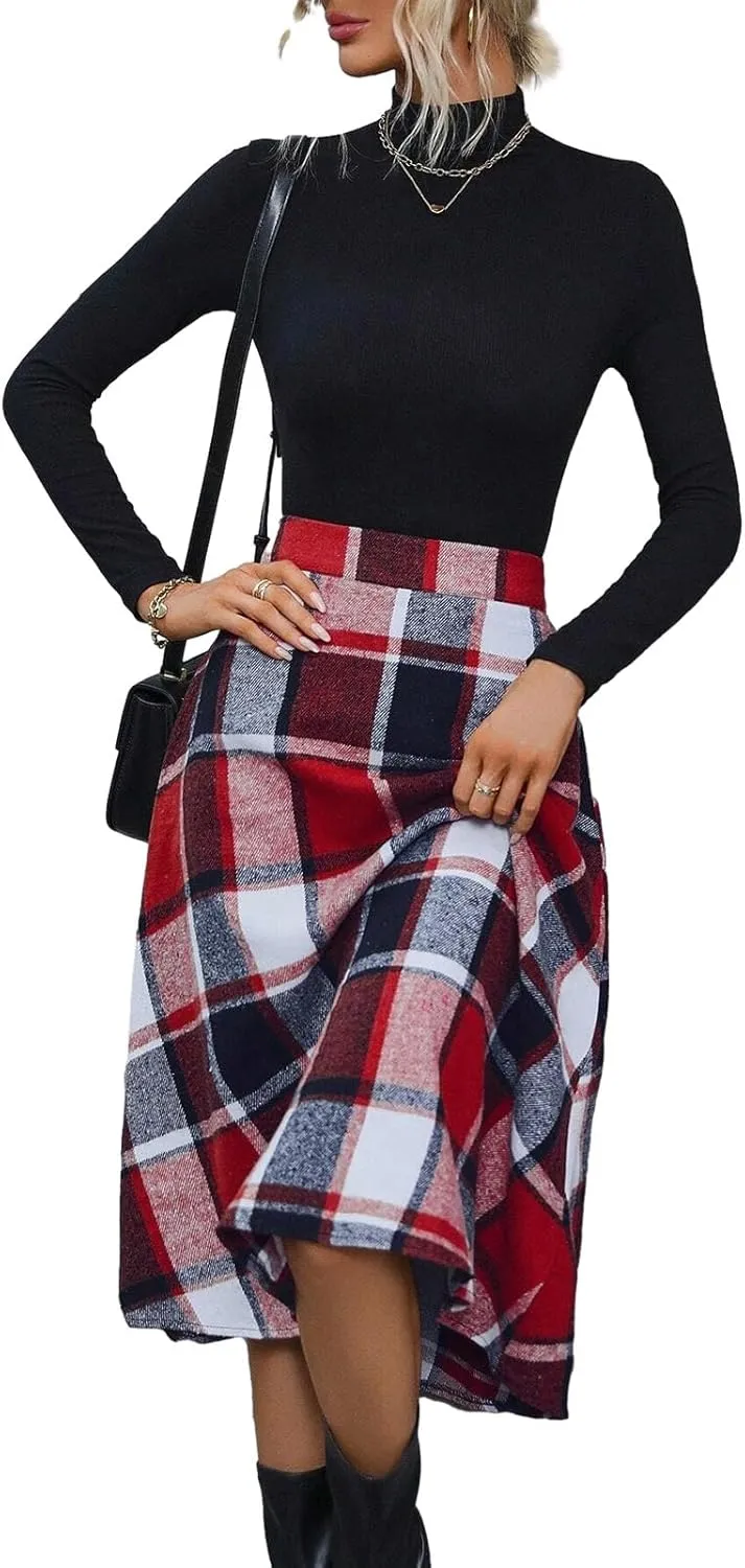 Plaid Skirts for Women High Waist Wool Skirts A-Line Tartan Midi Skirts