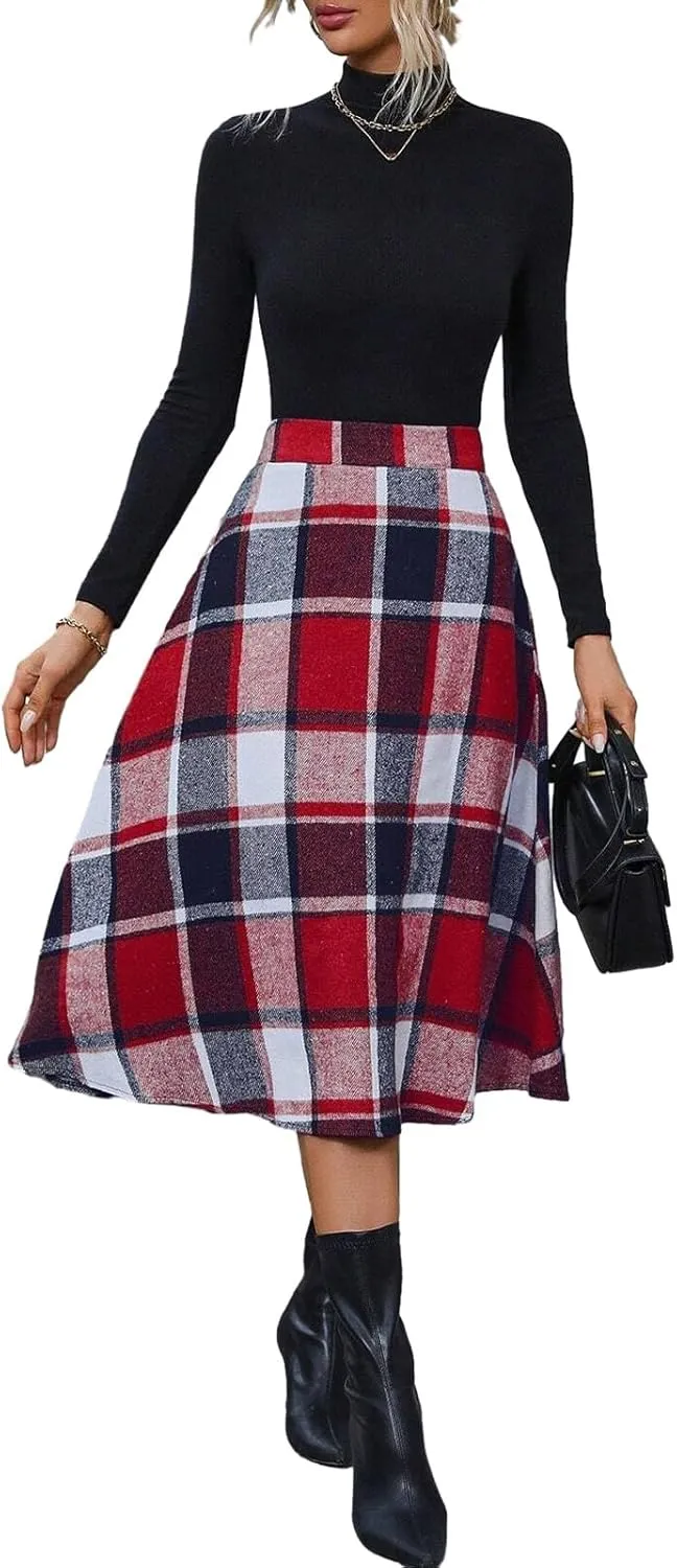 Plaid Skirts for Women High Waist Wool Skirts A-Line Tartan Midi Skirts