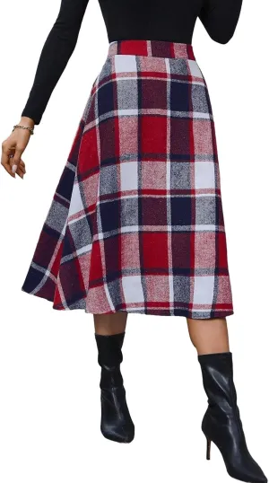 Plaid Skirts for Women High Waist Wool Skirts A-Line Tartan Midi Skirts