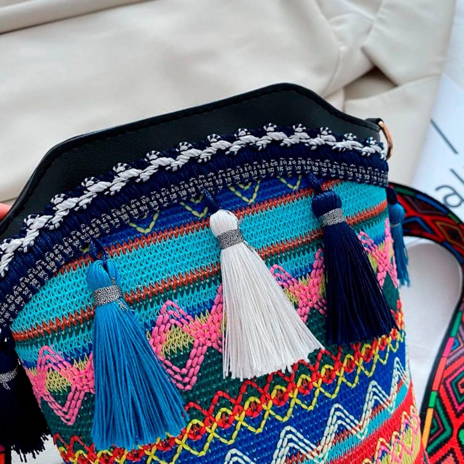 Popular Causal Crossbody Bag Women Ethnic Tassel Sling Handbag Patchwork Messenger Shoulder Bags (Black, One Size)