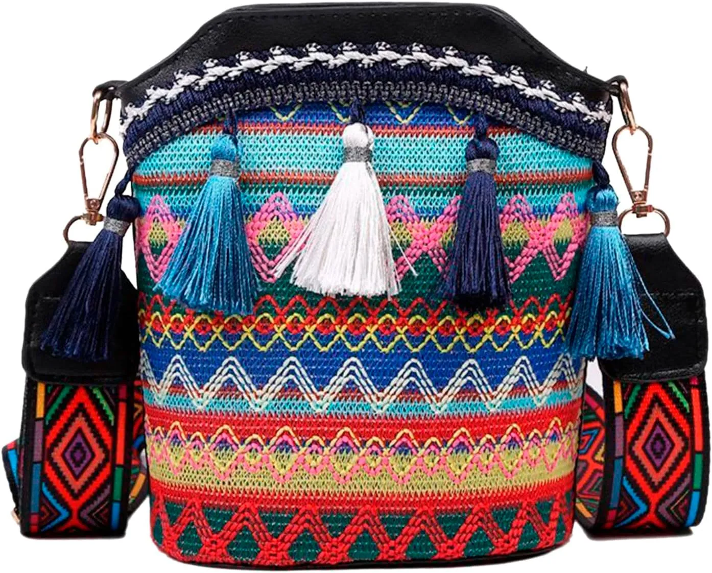 Popular Causal Crossbody Bag Women Ethnic Tassel Sling Handbag Patchwork Messenger Shoulder Bags (Black, One Size)