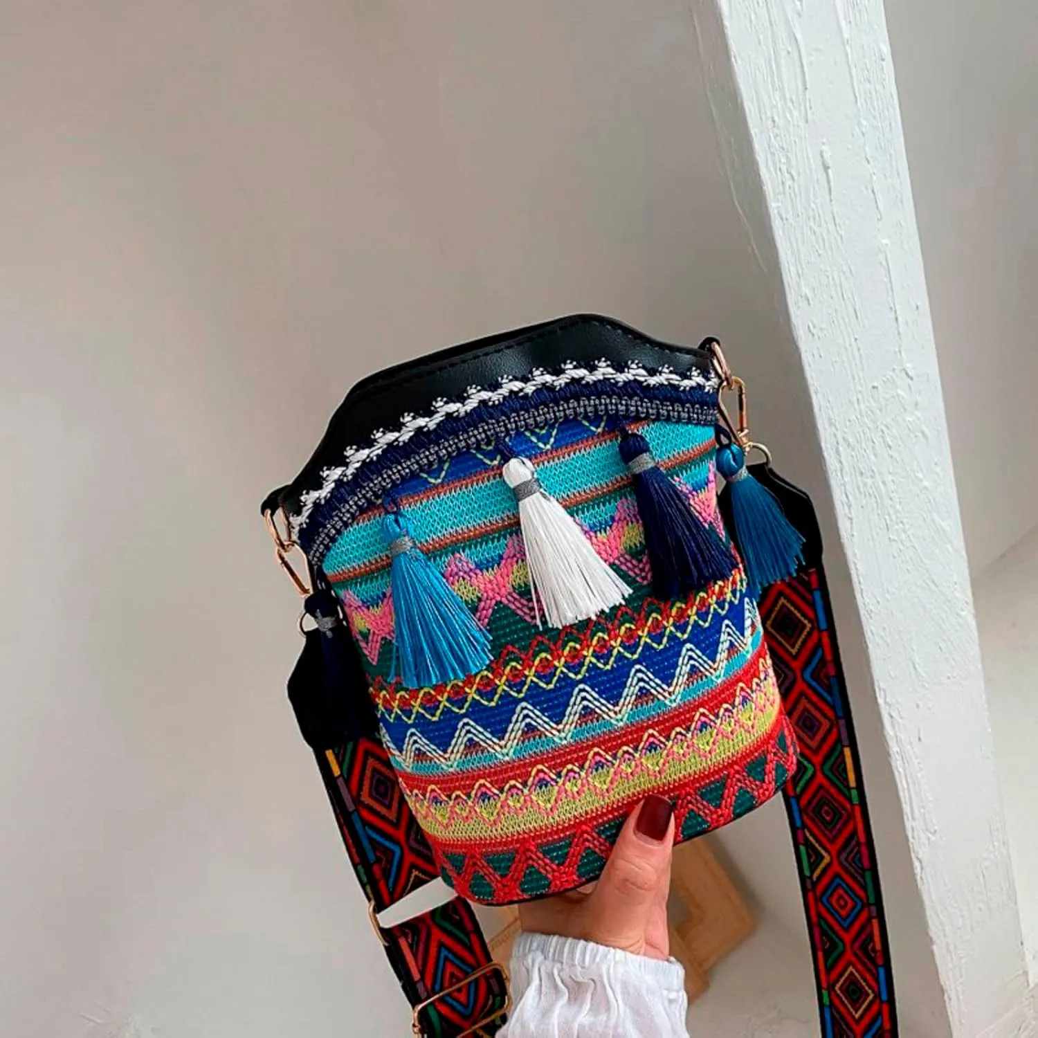 Popular Causal Crossbody Bag Women Ethnic Tassel Sling Handbag Patchwork Messenger Shoulder Bags (Black, One Size)