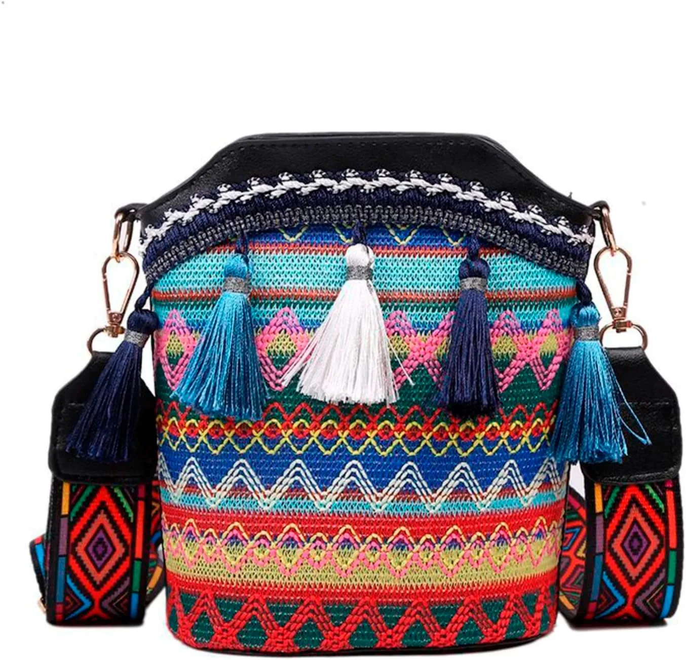 Popular Causal Crossbody Bag Women Ethnic Tassel Sling Handbag Patchwork Messenger Shoulder Bags (Black, One Size)
