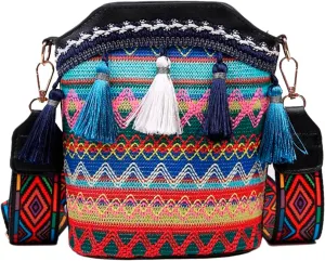 Popular Causal Crossbody Bag Women Ethnic Tassel Sling Handbag Patchwork Messenger Shoulder Bags (Black, One Size)