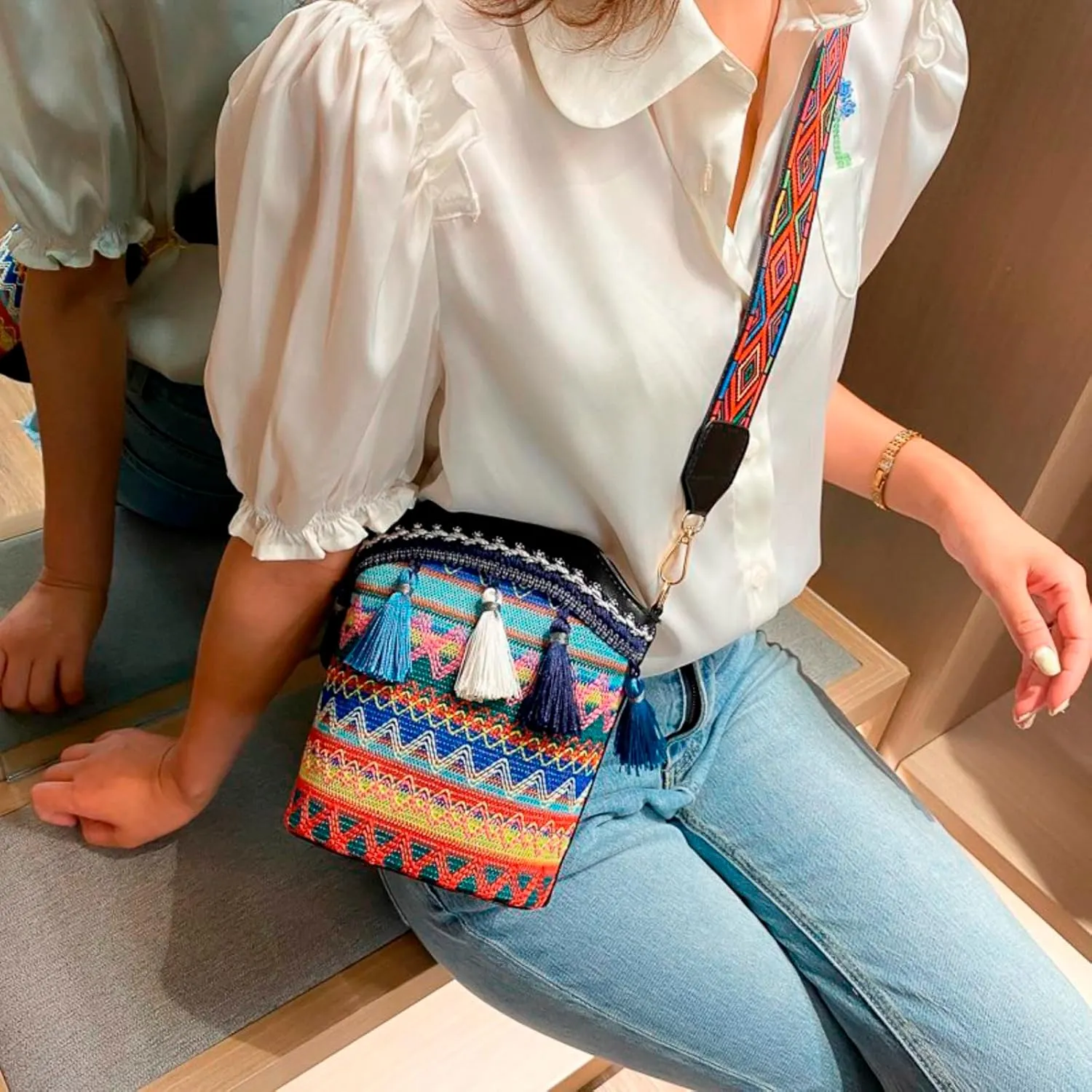 Popular Causal Crossbody Bag Women Ethnic Tassel Sling Handbag Patchwork Messenger Shoulder Bags (Black, One Size)