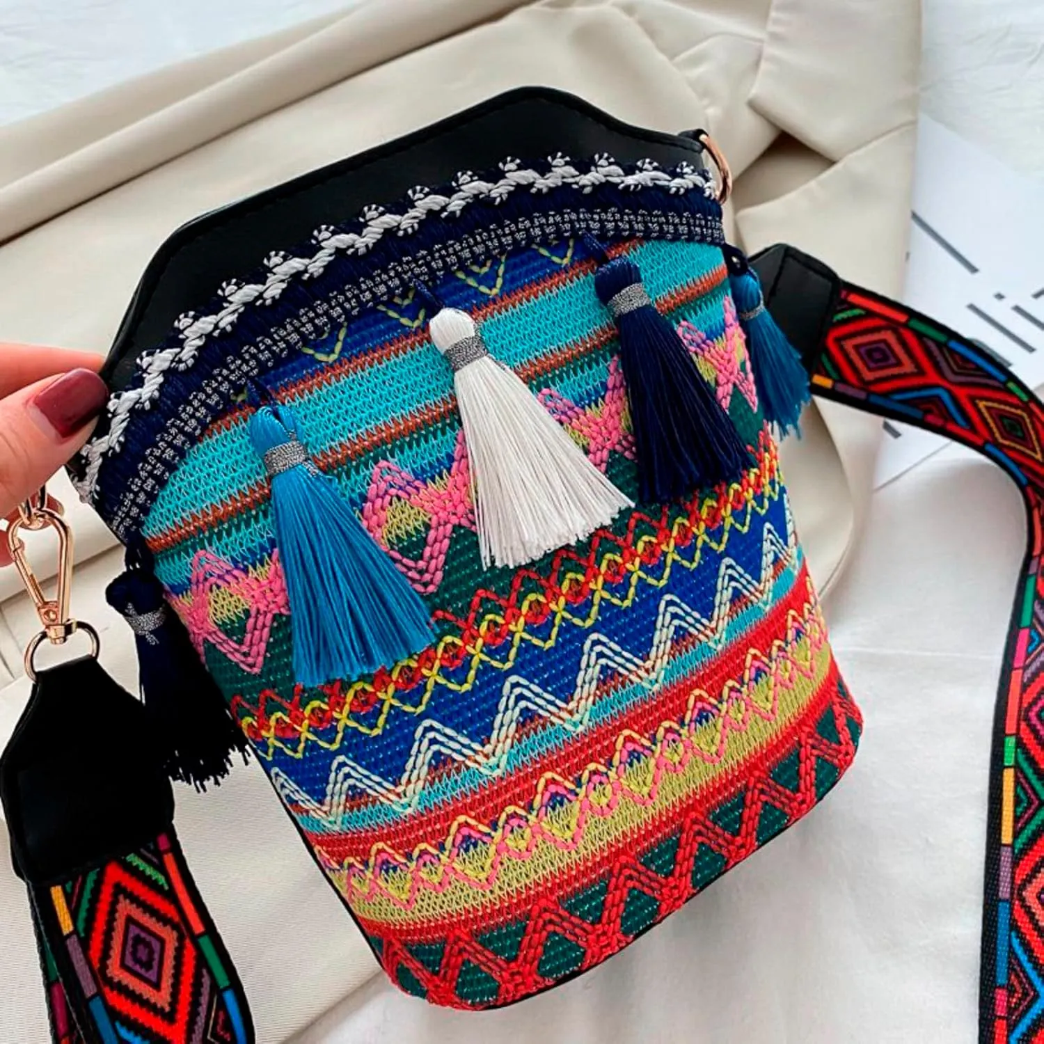 Popular Causal Crossbody Bag Women Ethnic Tassel Sling Handbag Patchwork Messenger Shoulder Bags (Black, One Size)