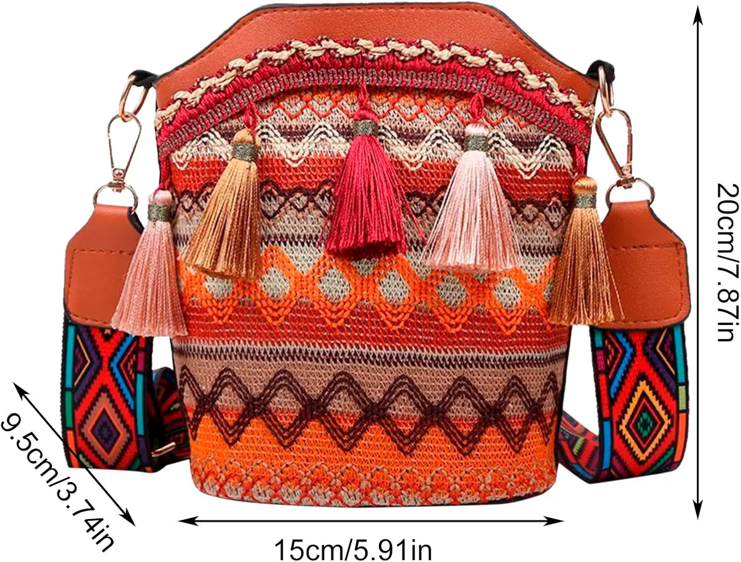 Popular Causal Crossbody Bag Women Ethnic Tassel Sling Handbag Patchwork Messenger Shoulder Bags (Black, One Size)