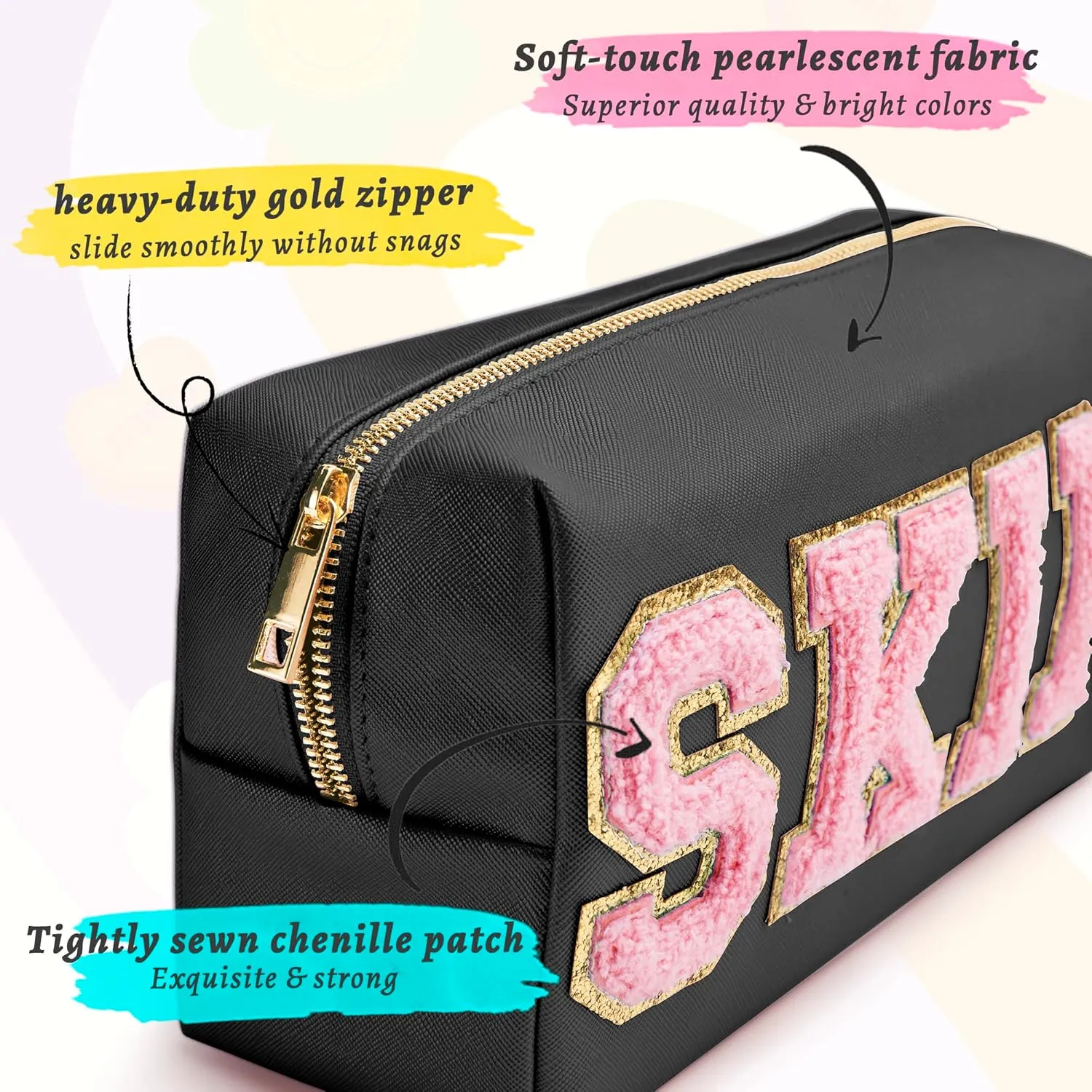 Preppy Patch Skin Makeup Bag for Travel, 2 PCS Chenille Letter Cosmetic Sunscreen Bag, PU Waterproof Beach Bag Pouch Organizer,Gift for Women Girls