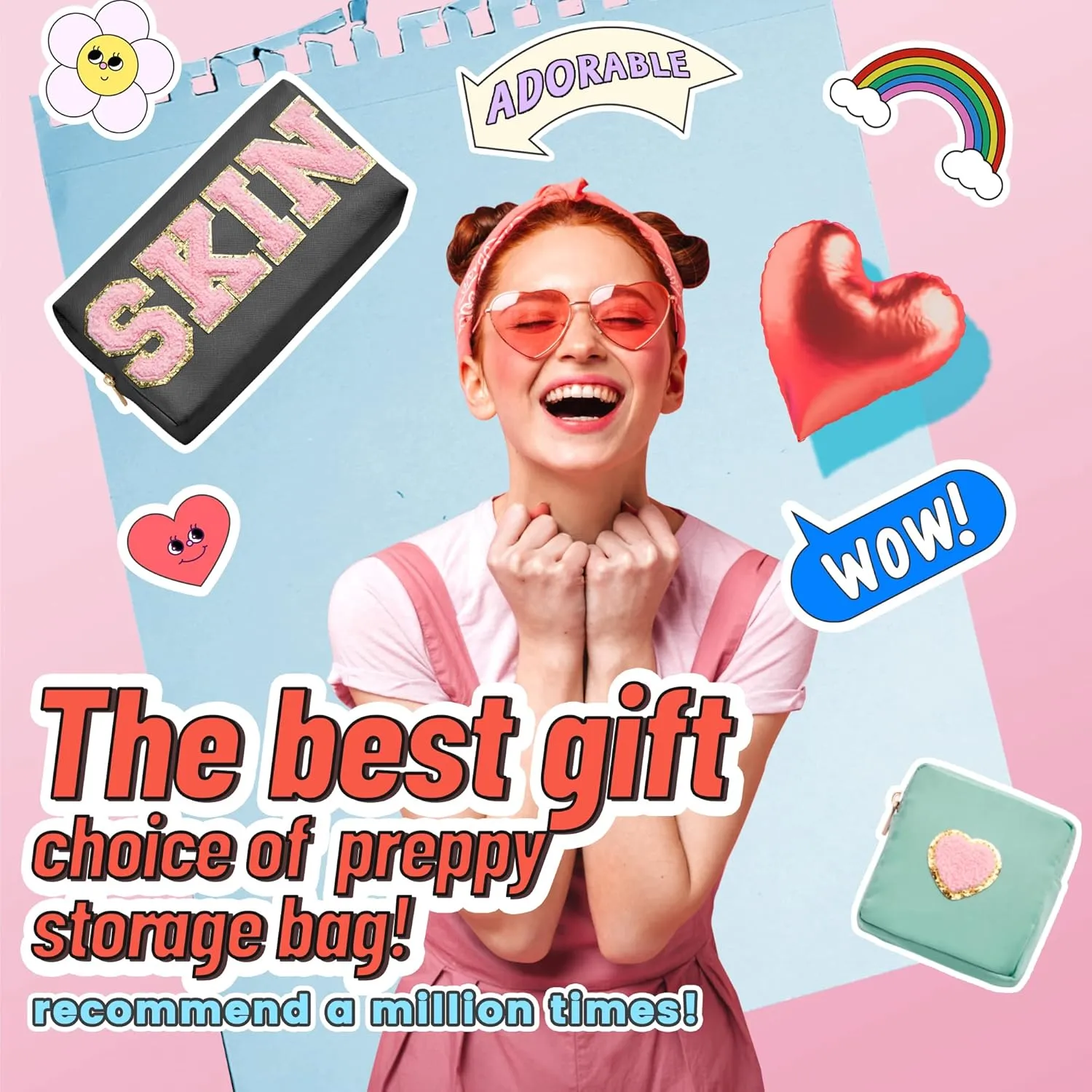 Preppy Patch Skin Makeup Bag for Travel, 2 PCS Chenille Letter Cosmetic Sunscreen Bag, PU Waterproof Beach Bag Pouch Organizer,Gift for Women Girls