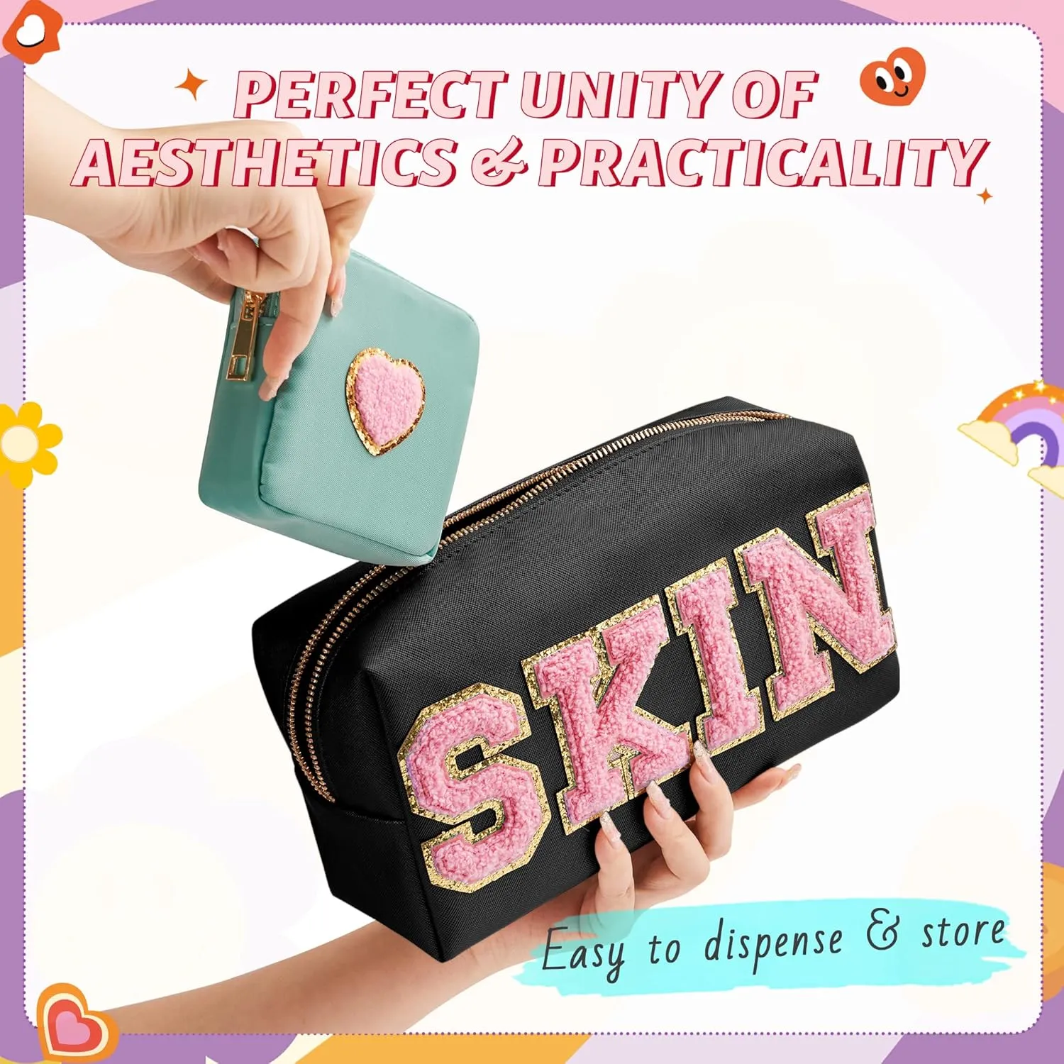 Preppy Patch Skin Makeup Bag for Travel, 2 PCS Chenille Letter Cosmetic Sunscreen Bag, PU Waterproof Beach Bag Pouch Organizer,Gift for Women Girls
