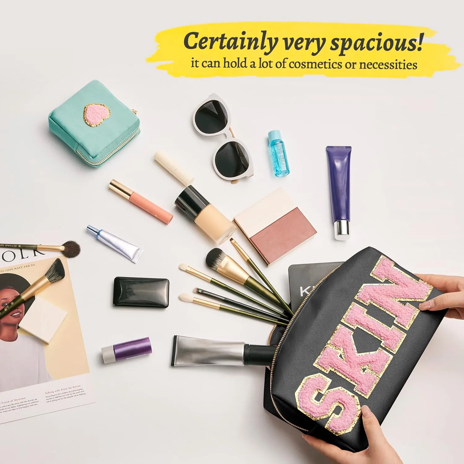 Preppy Patch Skin Makeup Bag for Travel, 2 PCS Chenille Letter Cosmetic Sunscreen Bag, PU Waterproof Beach Bag Pouch Organizer,Gift for Women Girls