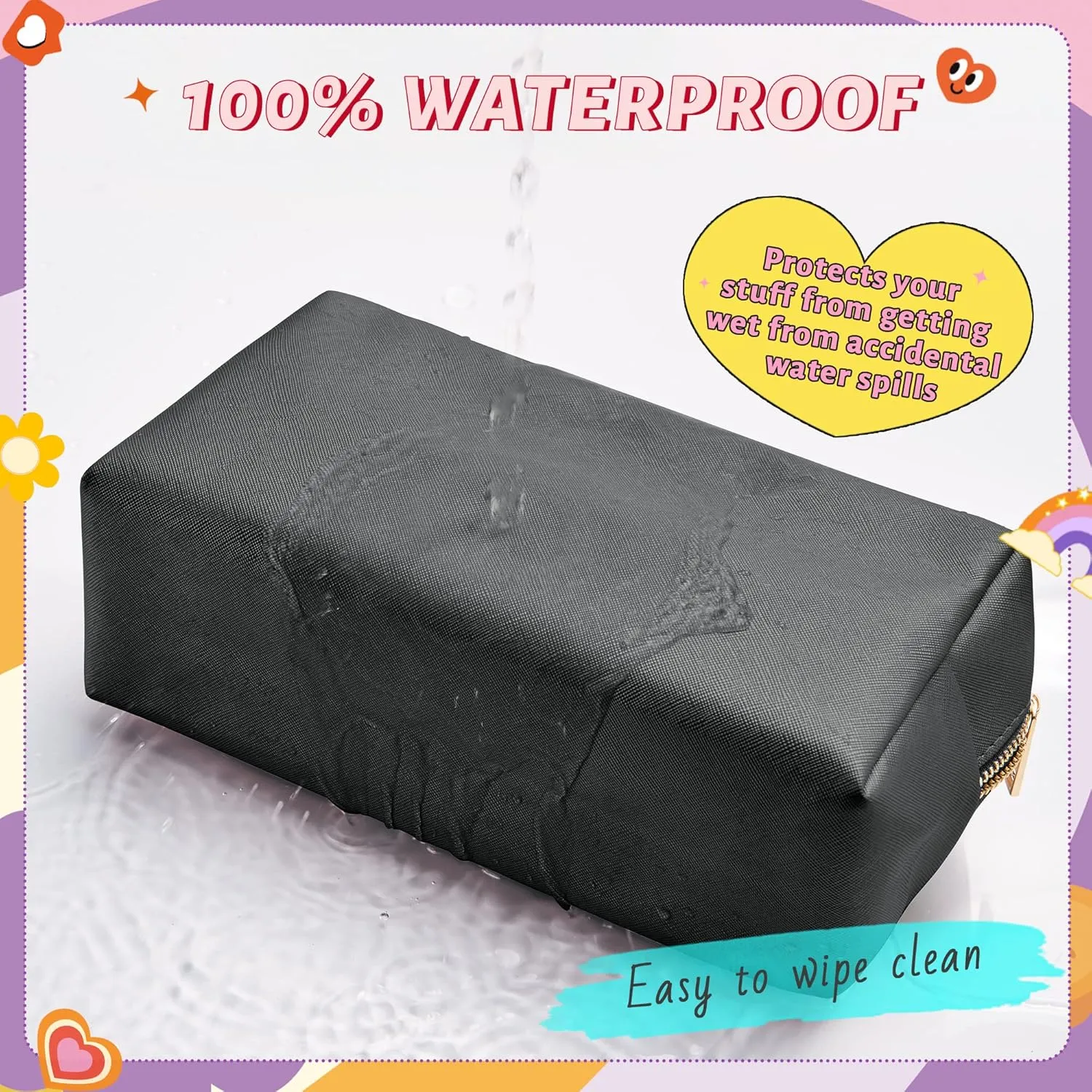 Preppy Patch Skin Makeup Bag for Travel, 2 PCS Chenille Letter Cosmetic Sunscreen Bag, PU Waterproof Beach Bag Pouch Organizer,Gift for Women Girls