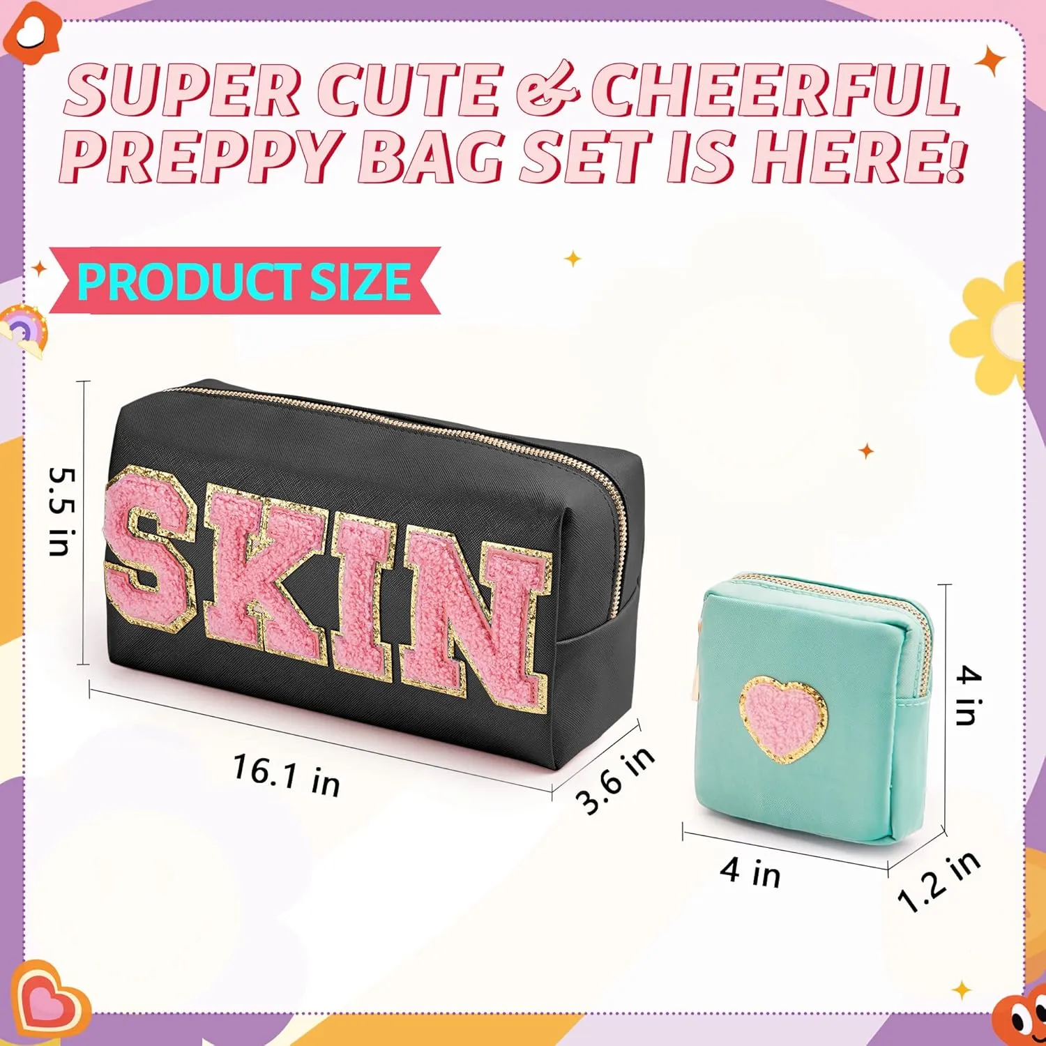 Preppy Patch Skin Makeup Bag for Travel, 2 PCS Chenille Letter Cosmetic Sunscreen Bag, PU Waterproof Beach Bag Pouch Organizer,Gift for Women Girls