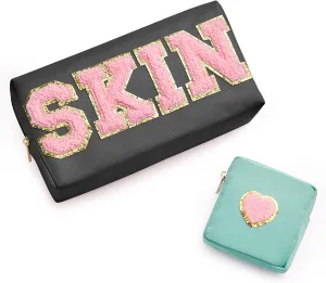 Preppy Patch Skin Makeup Bag for Travel, 2 PCS Chenille Letter Cosmetic Sunscreen Bag, PU Waterproof Beach Bag Pouch Organizer,Gift for Women Girls