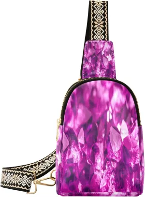Purple Crystals Fanny Pack Crossbody PC Leather Small Sling Bag for Women Fashion Waist Packs Chest Bag for Travel Sports Running Hiking